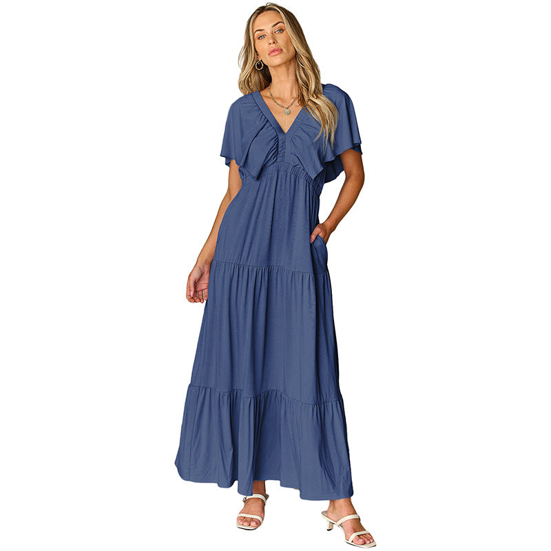 Waist Tight Commute Style Frill Short Sleeve Dress