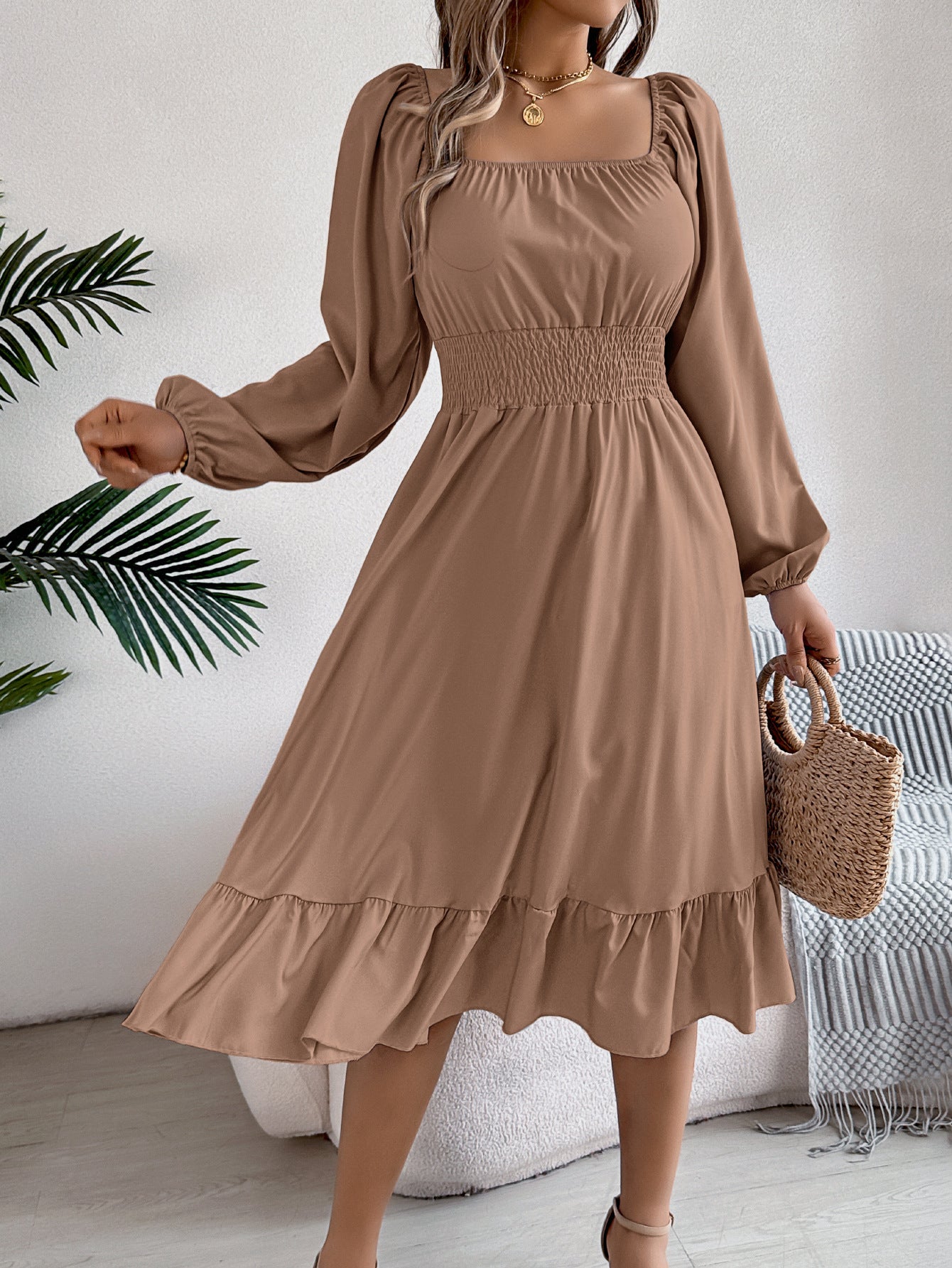Casual Solid Color Square Collar Long Sleeve Waist Trimming Ruffles A- Line Skirt