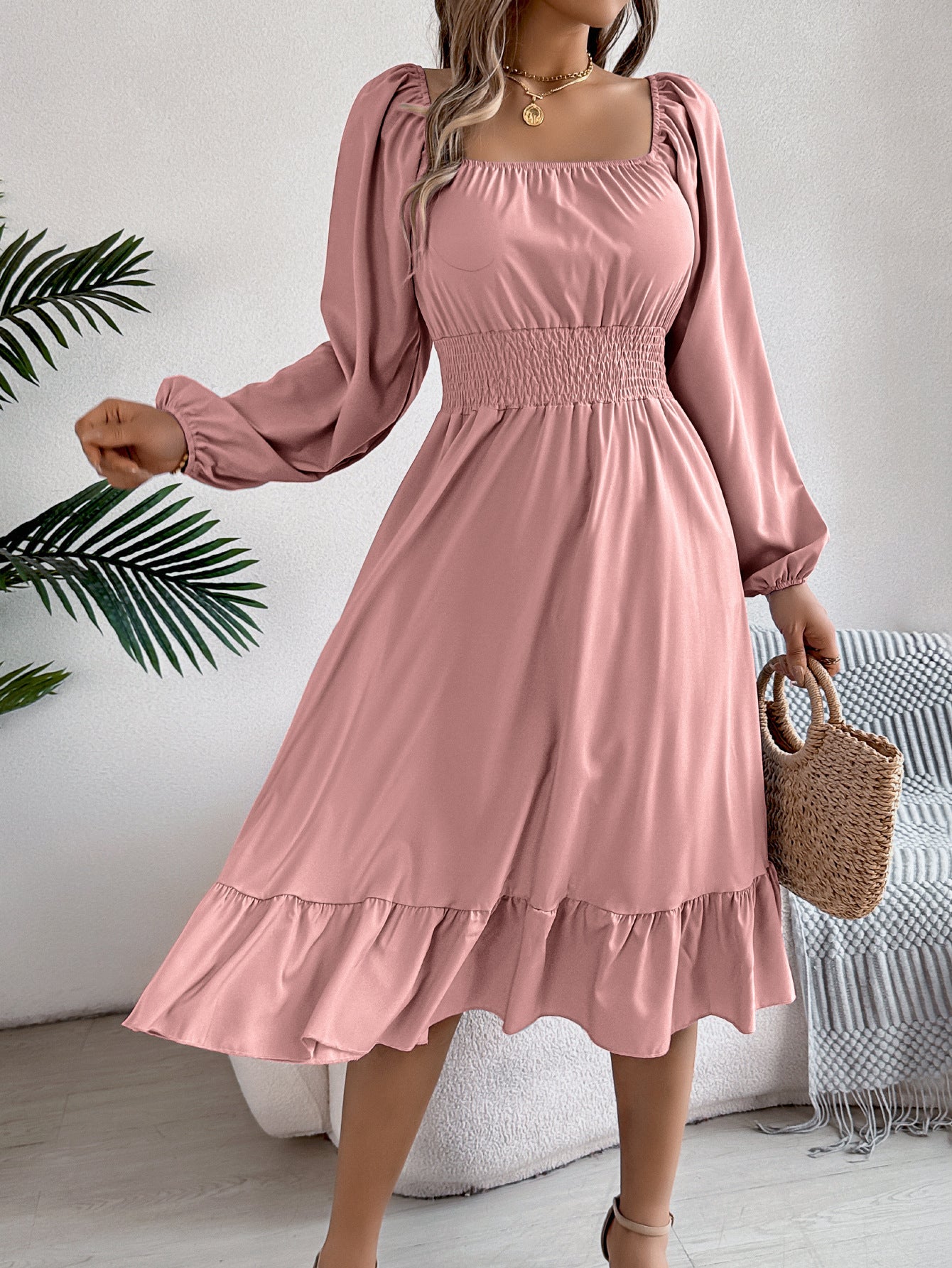 Casual Solid Color Square Collar Long Sleeve Waist Trimming Ruffles A- Line Skirt