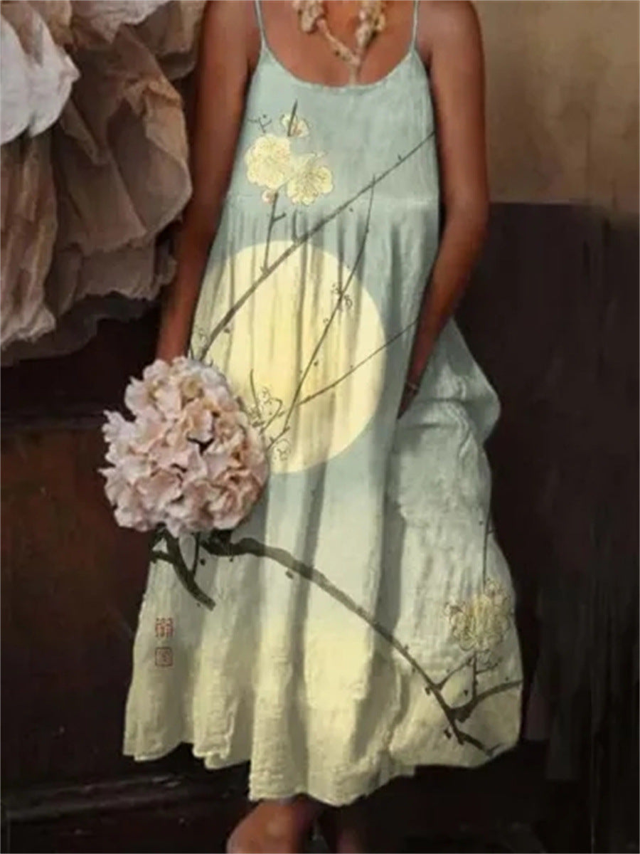 Cross-border European And American Style Women Floral Art Printing Casual Sling Holiday Dress