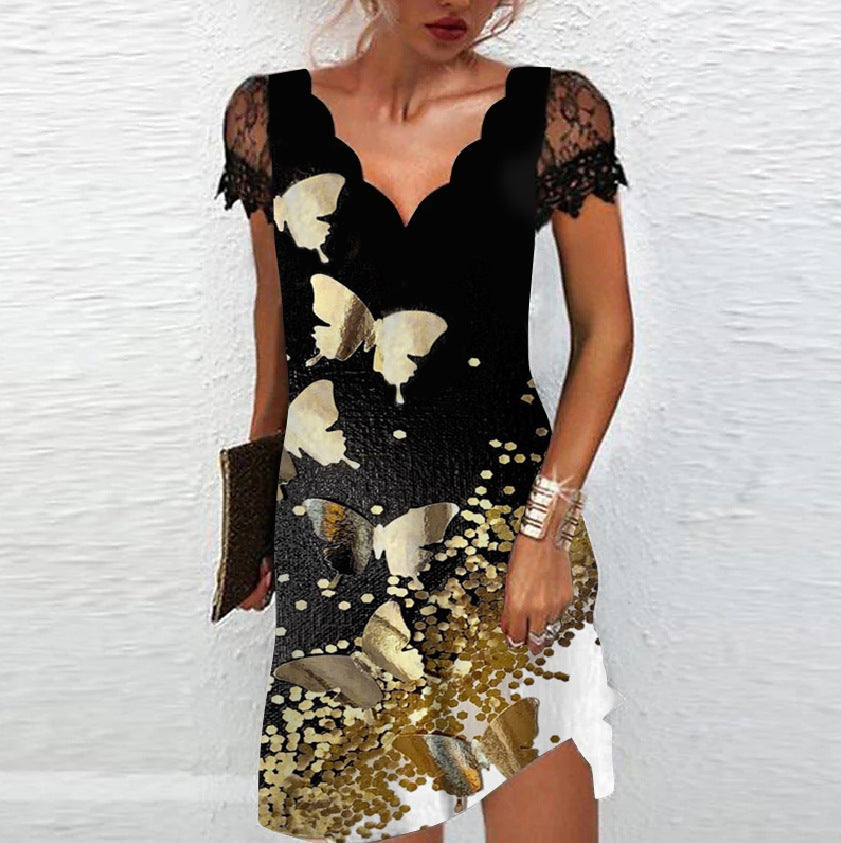 Women's Fashion Lace V-neck Short Sleeve Dress