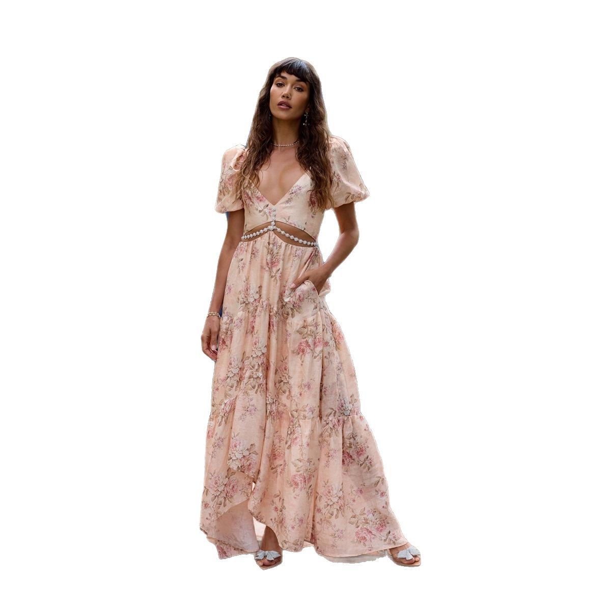 Pearl Halterneck Printed High Slit V-neck Dress