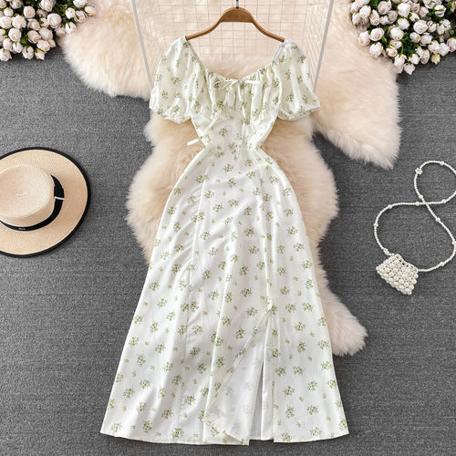 Women's Clothing Princess Sleeves Off-neck Sexy Slit Slim Fit Printed Dress