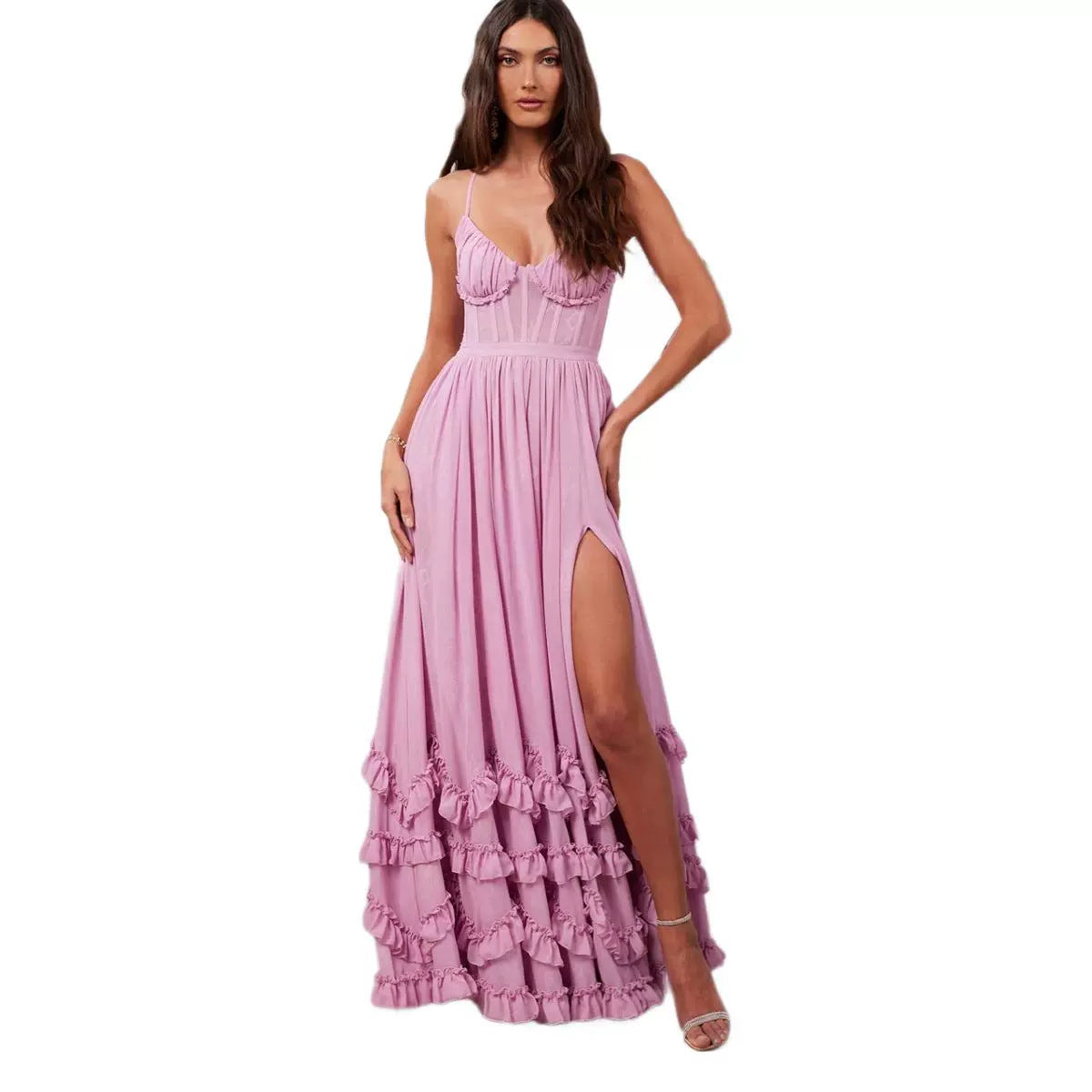 Wrapped Chest Fishbone Solid Color Dress Women