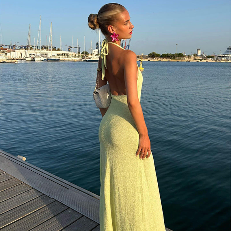 Deep V-neck Backless High Split Sling Dress