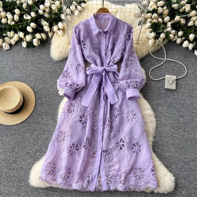 Women's Machine Embroidery Hollow-out Mid-length Puff Sleeve Dress