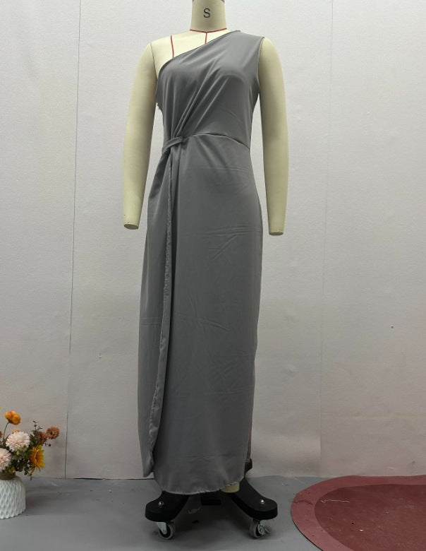 Diagonal Collar Sleeveless Pleated Long Waist Dress
