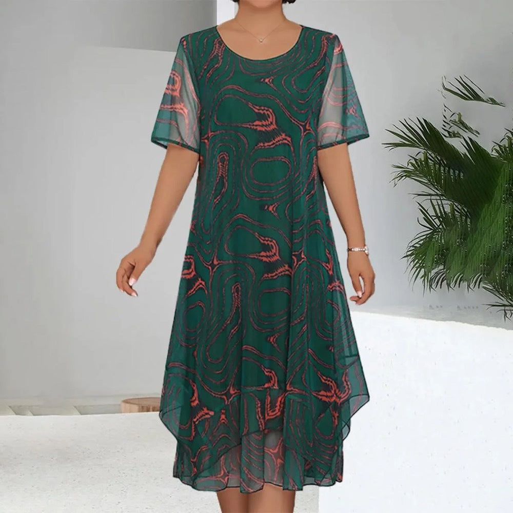 Women's Simple Mesh Printed Short Sleeve Loose Dress