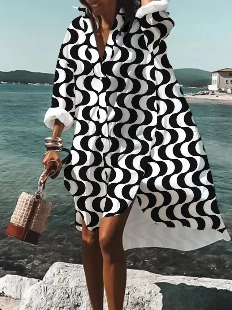 Women's Loose Digital Printing Long-sleeved Lapel Shirt Dress