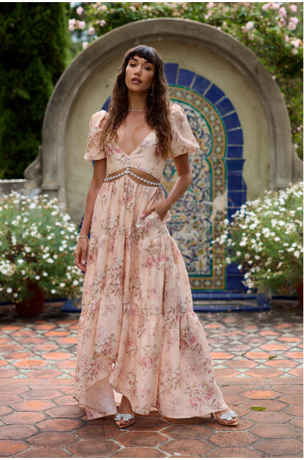 Pearl Halterneck Printed High Slit V-neck Dress