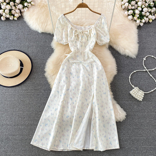 Women's Clothing Princess Sleeves Off-neck Sexy Slit Slim Fit Printed Dress