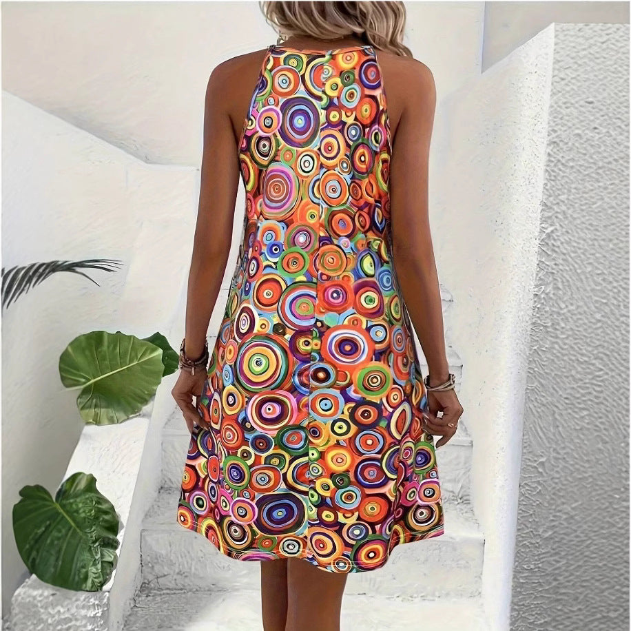Psychedelic Colorful Spiral Printed Halter Mini Dress