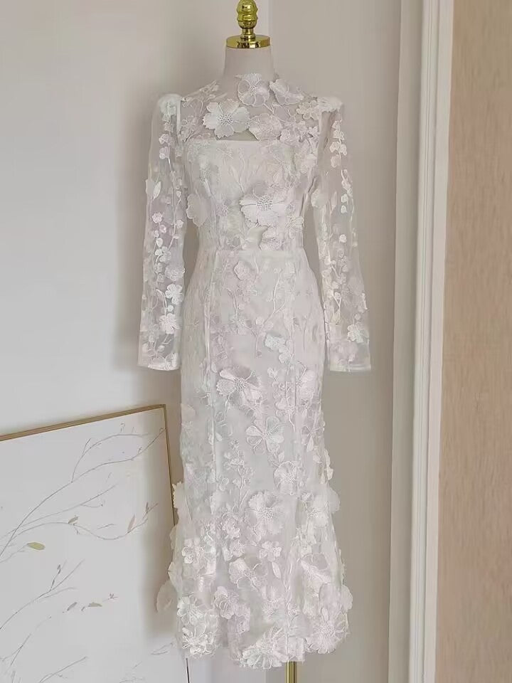 Colorful Three-dimensional Flower Embroidery Mesh Slim Fit Sheath Fishtail Dress