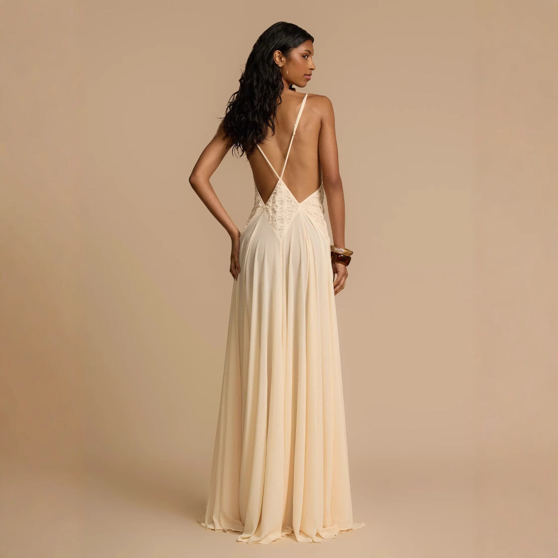 Elegance Simplicity Hollow Out Stitching Lace Sling Color Dress