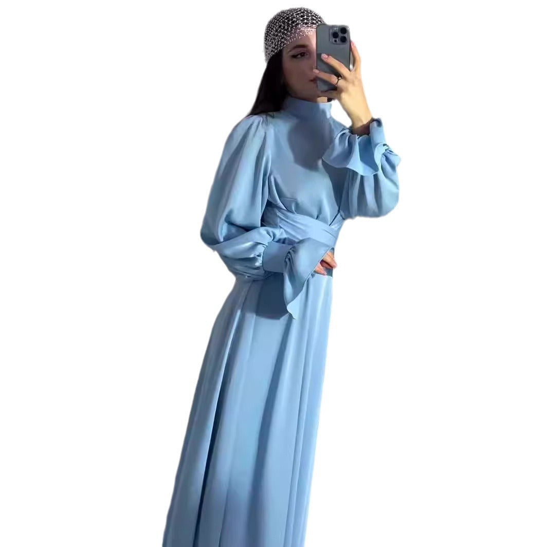 New Drawstring Slim-fit Graceful Puff Sleeve Solid Color Long Sleeve Dress Women