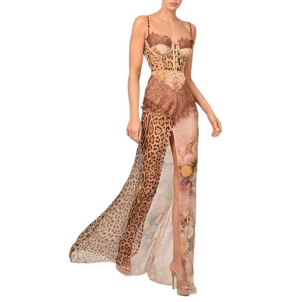 Women's Spaghetti-strap Floral Print Patchwork Long Dress