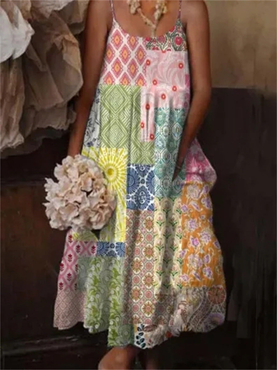 Cross-border European And American Style Women Floral Art Printing Casual Sling Holiday Dress