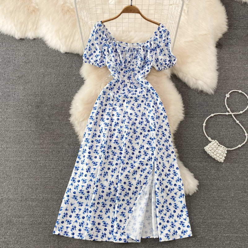 Women's Clothing Princess Sleeves Off-neck Sexy Slit Slim Fit Printed Dress