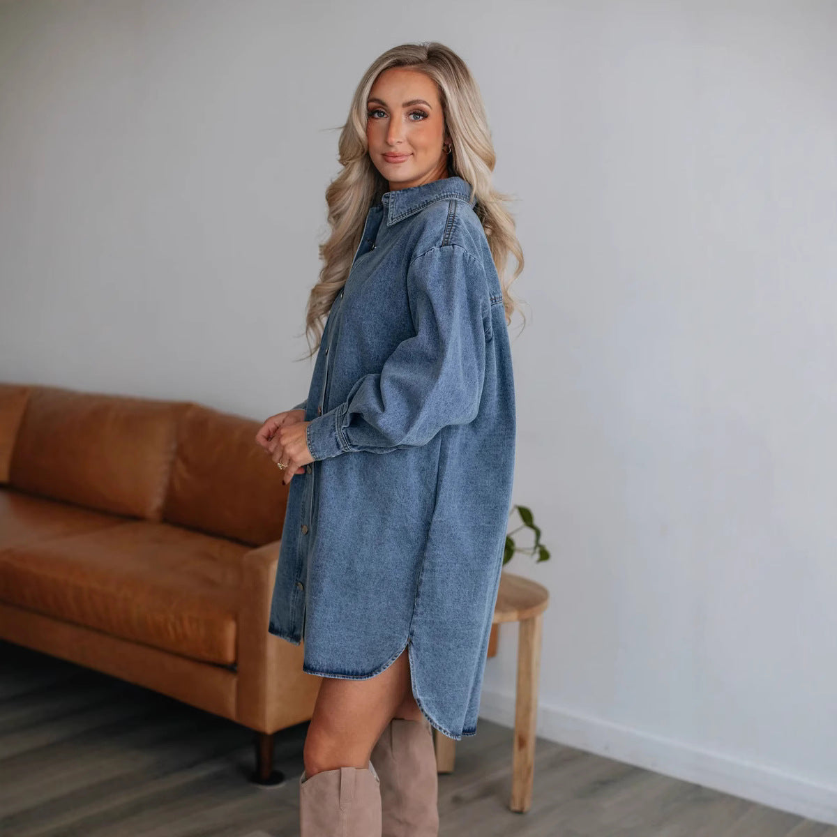 Casual Button Slimming Long Sleeve Denim Dress