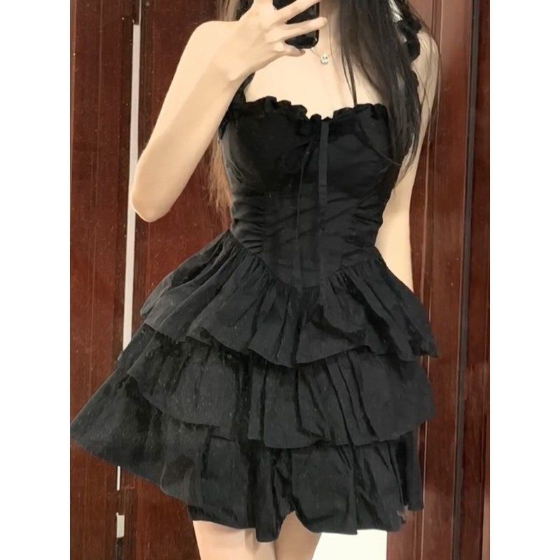 Black French Strap Dress Niche Design Temperament