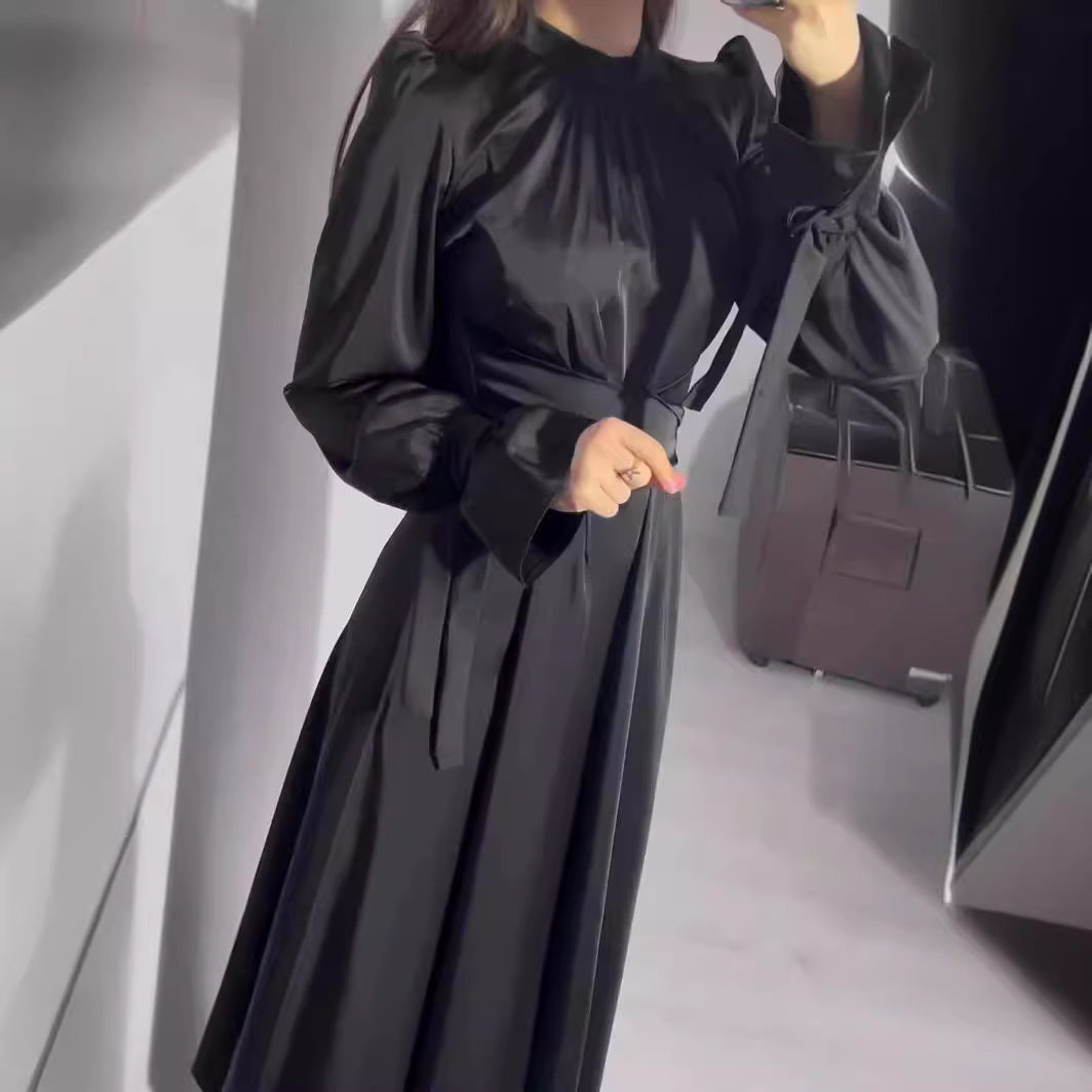 New Drawstring Slim-fit Graceful Puff Sleeve Solid Color Long Sleeve Dress Women