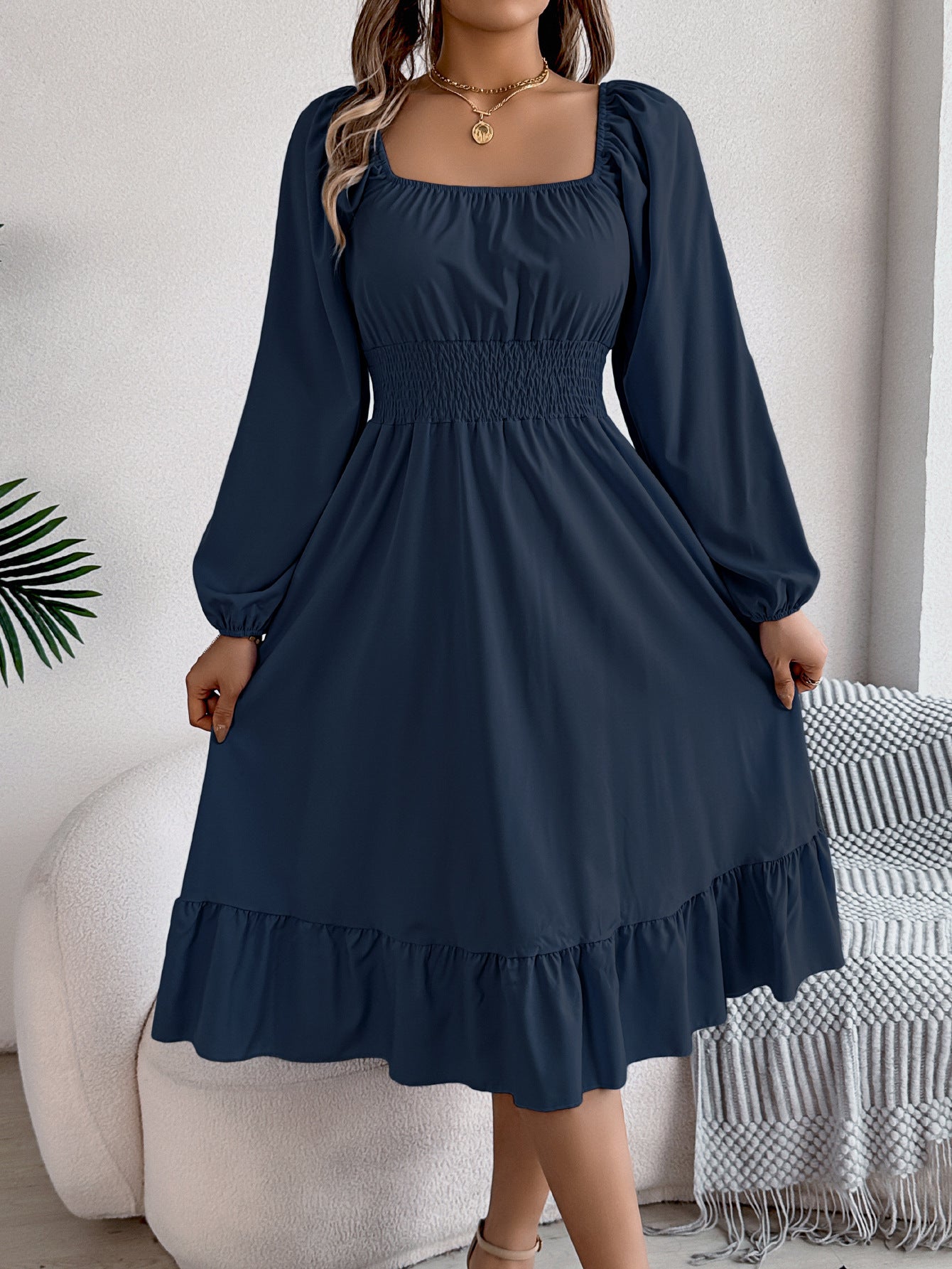Casual Solid Color Square Collar Long Sleeve Waist Trimming Ruffles A- Line Skirt
