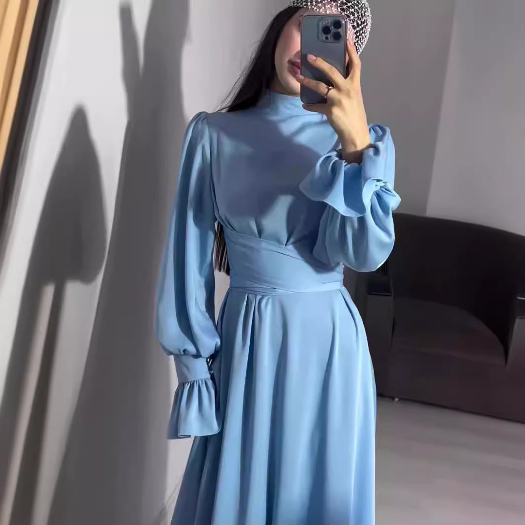 New Drawstring Slim-fit Graceful Puff Sleeve Solid Color Long Sleeve Dress Women