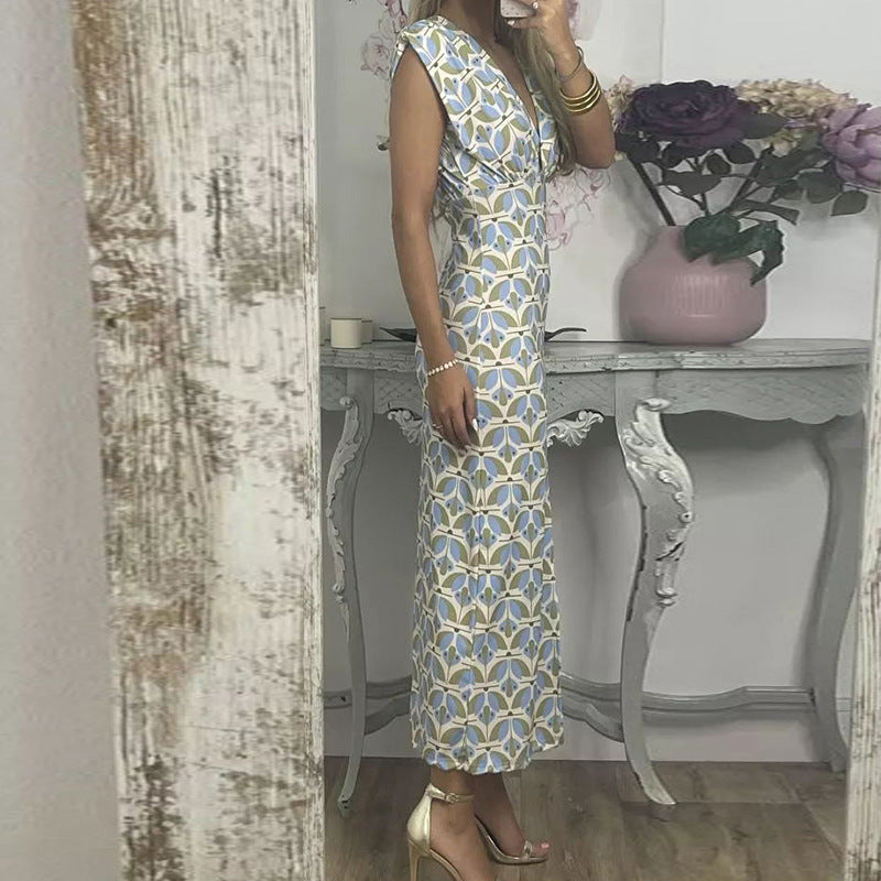 Deep V Split Print Dress Slim Fit