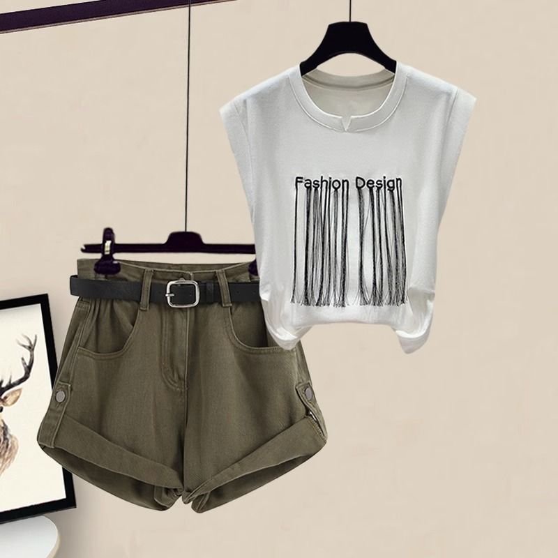 Casual Slim-looking Clothes Women's Short-sleeved Top Cargo Shorts