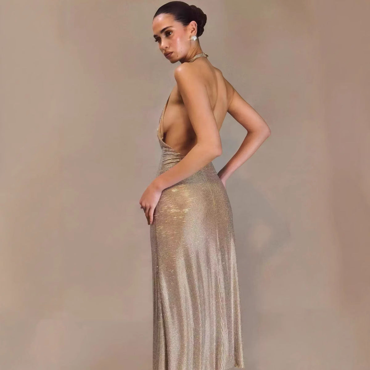 Women's Fashion Deep V-neck Prom Sequin Sling Formal Dress
