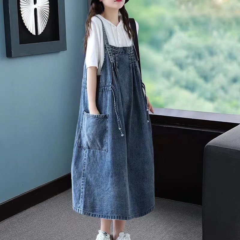 Women's Retro Loose All-matching Jeans Suspender Dress