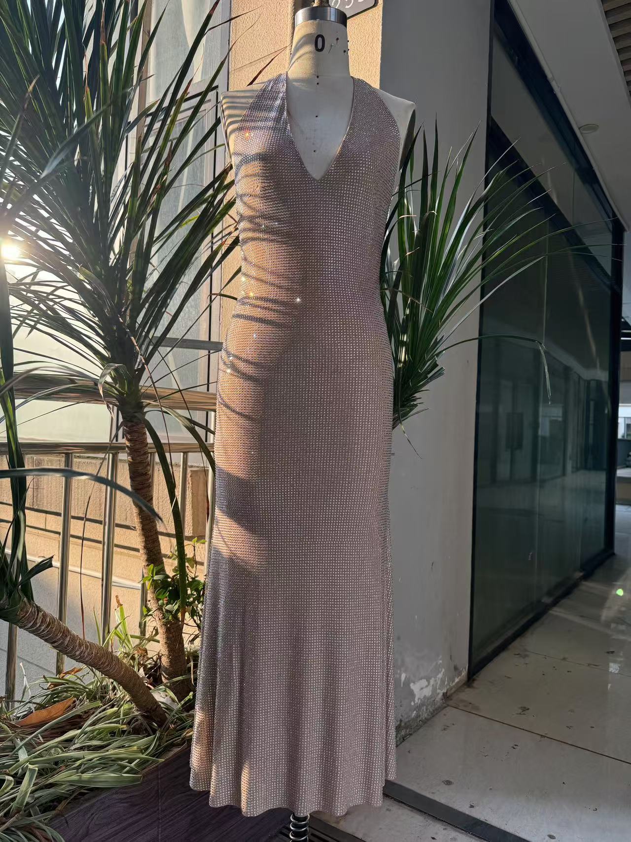 Women's Fashion Deep V-neck Prom Sequin Sling Formal Dress