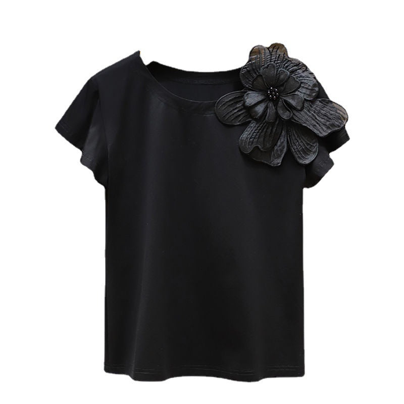 Round Neck Three-dimensional Flower Decoration Fashion Ruffle Sleeve Loose Slim Top