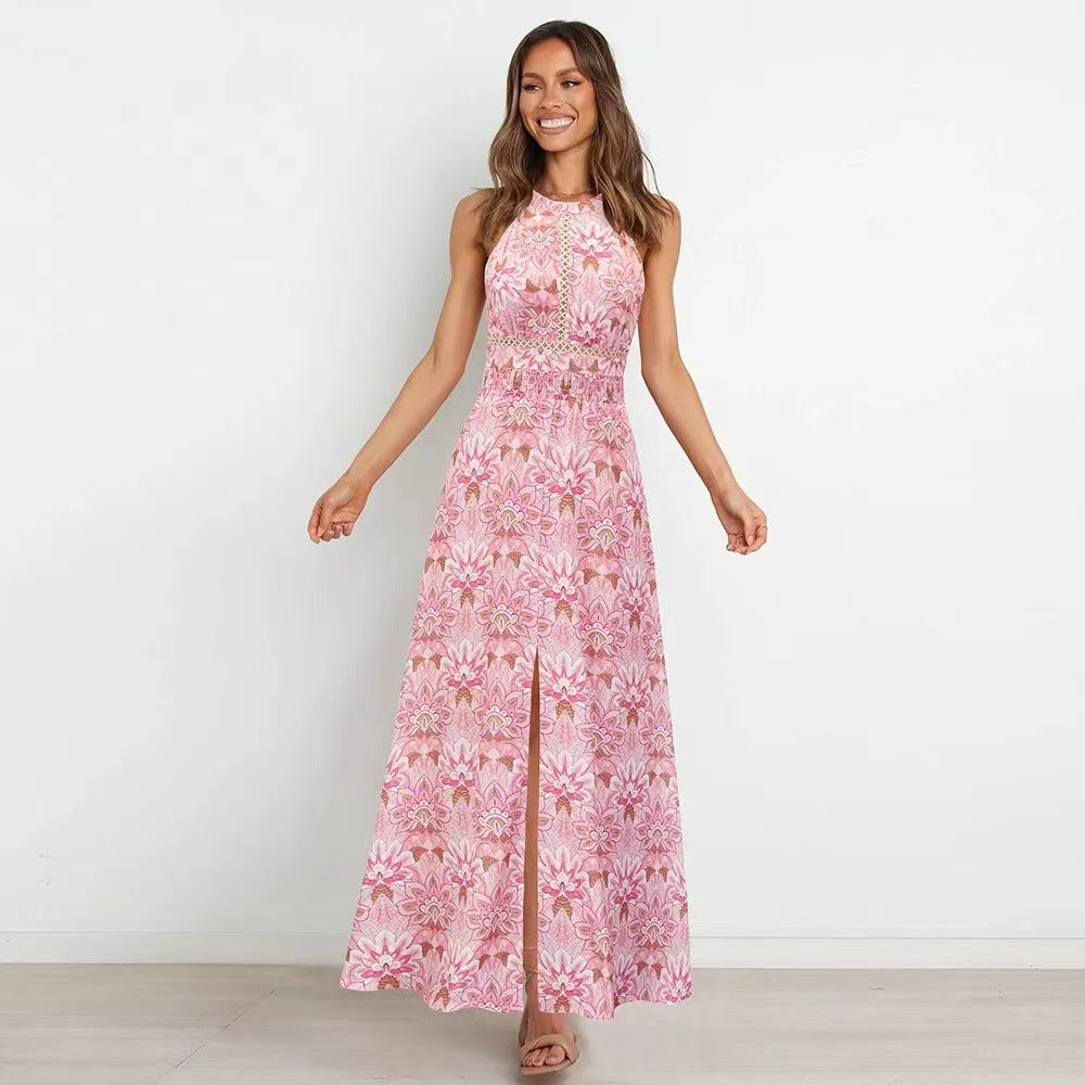 Summer Printed Round Neck Sleeveless Dress Halter Long