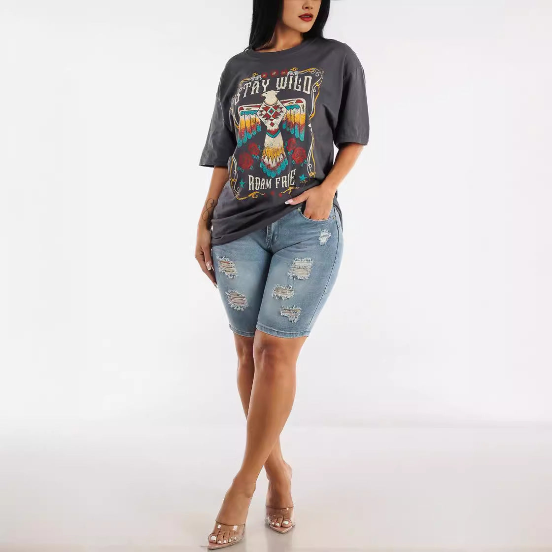 High Waist Ripped Denim Shorts Women's Hip Lifting Short-length Pants