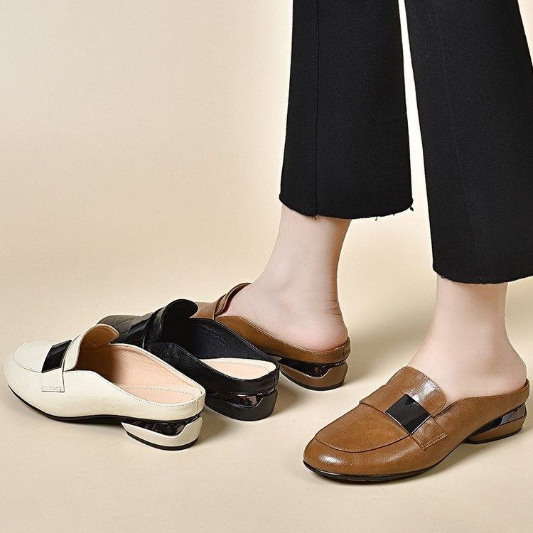 Solid Color Round Toe Low-top Women's Leather Shoes