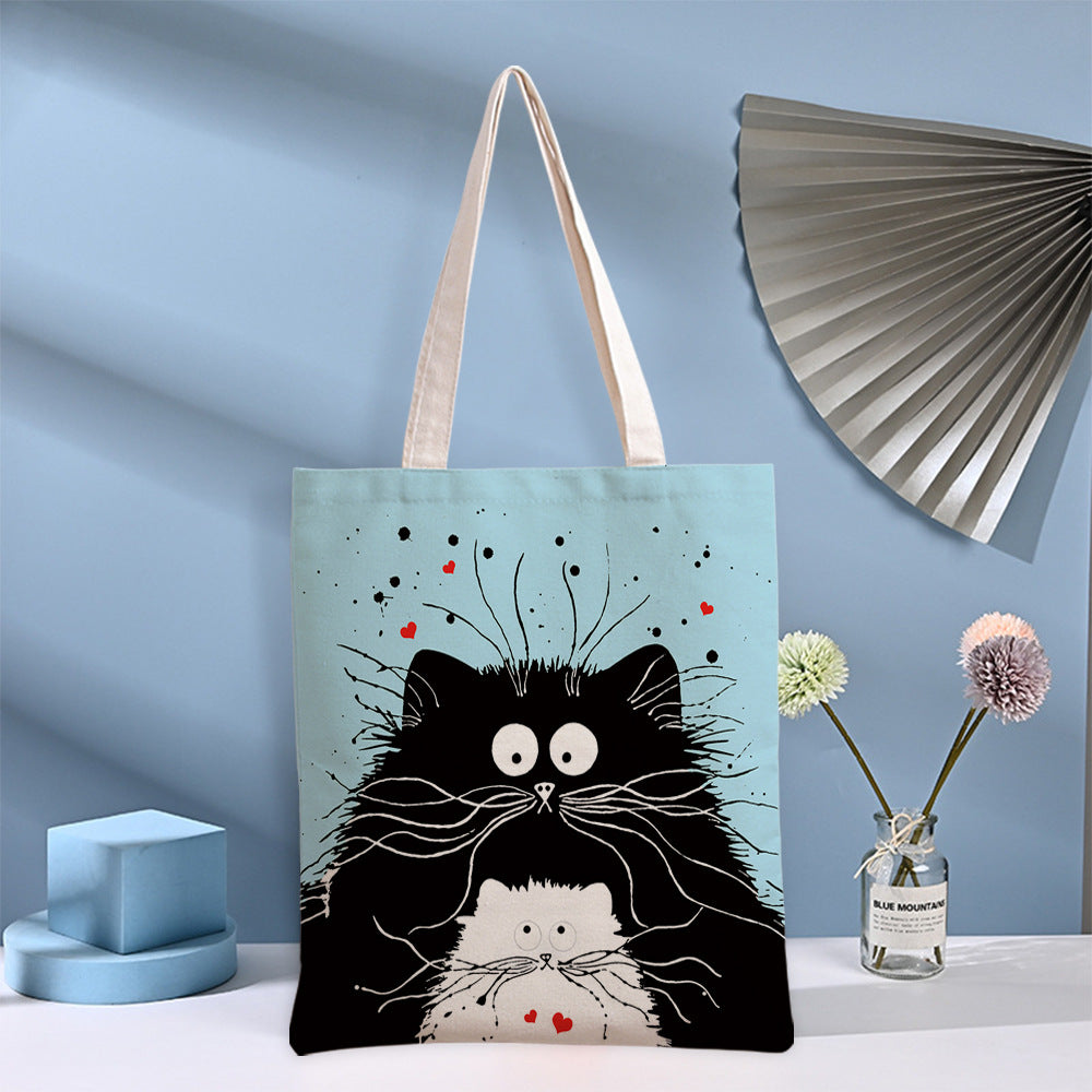 Black Cat Printed Canvas Bag Women's Shoulder Handbag