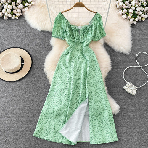 Women's Clothing Princess Sleeves Off-neck Sexy Slit Slim Fit Printed Dress