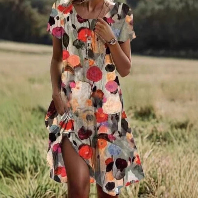 Women's Round Neck Short Sleeve Digital Positioning Printing Dress
