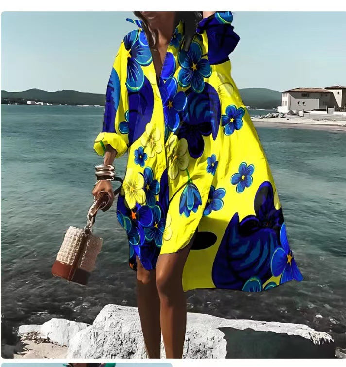 Women's Loose Digital Printing Long-sleeved Lapel Shirt Dress