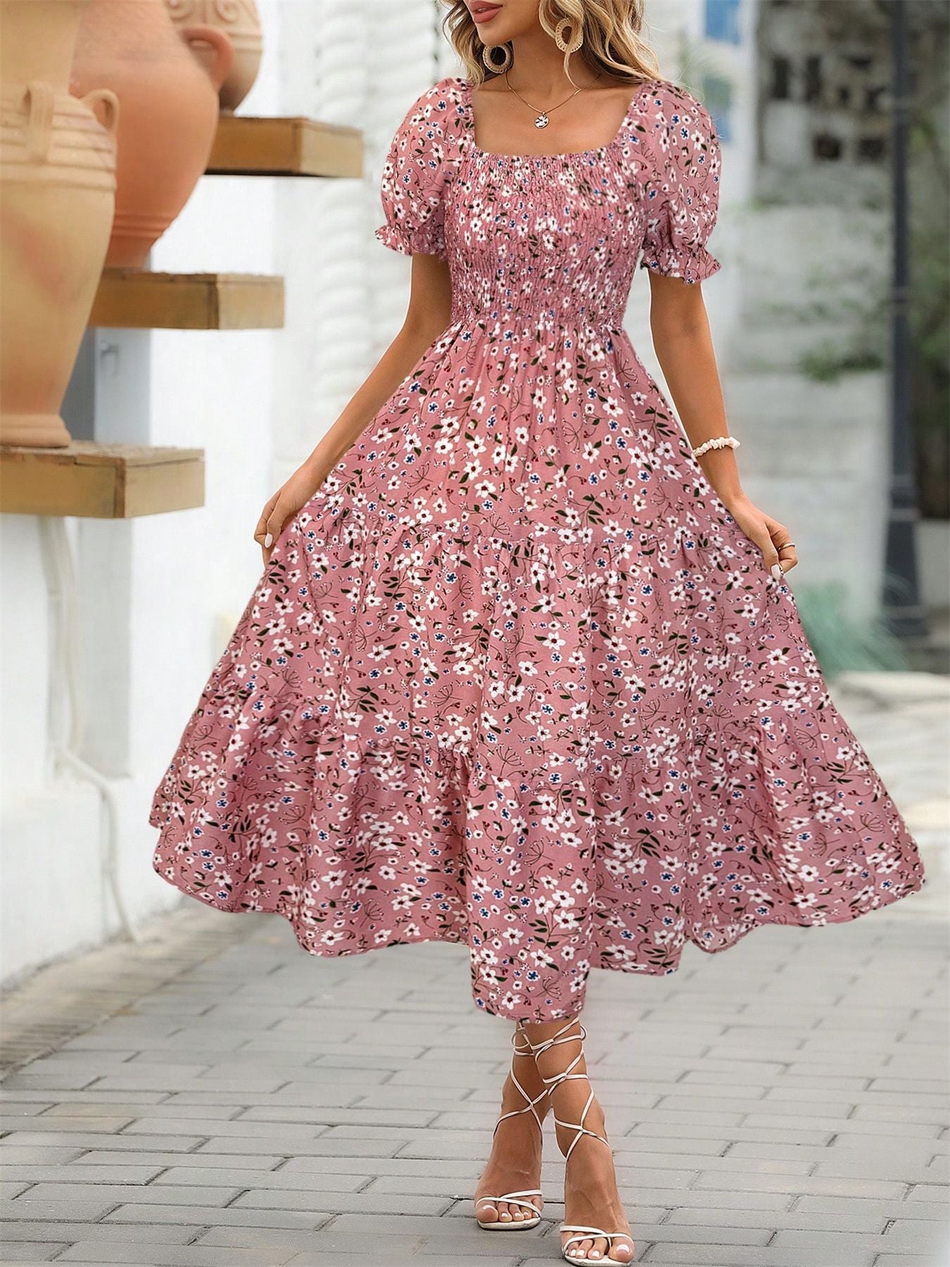 Women's Sleeve Waist Roll Square Collar Dress Woven Digital