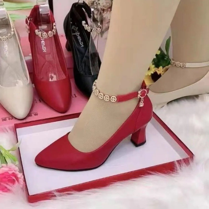 Ankle-strap Buckle Rhinestone Soft Bottom Chunky Heel High Heels