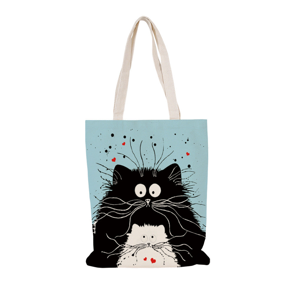 Black Cat Printed Canvas Bag Women's Shoulder Handbag