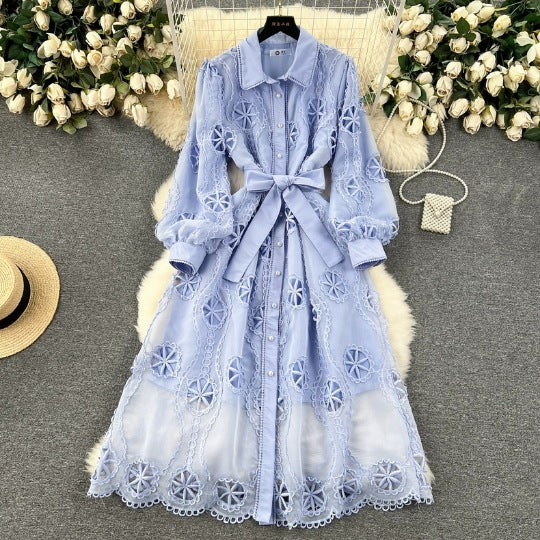 Women's Machine Embroidery Hollow-out Mid-length Puff Sleeve Dress