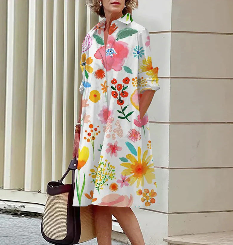 Colorful Blooming Summer Comfortable Shirt Dress