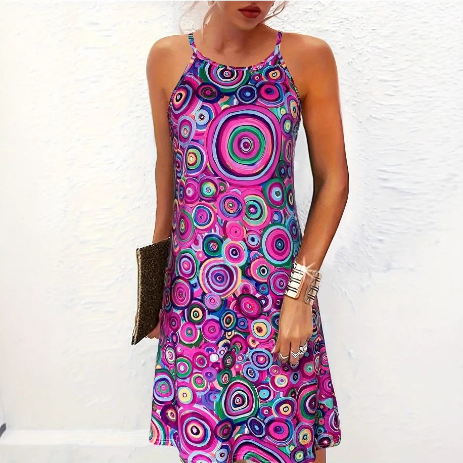 Psychedelic Colorful Spiral Printed Halter Mini Dress