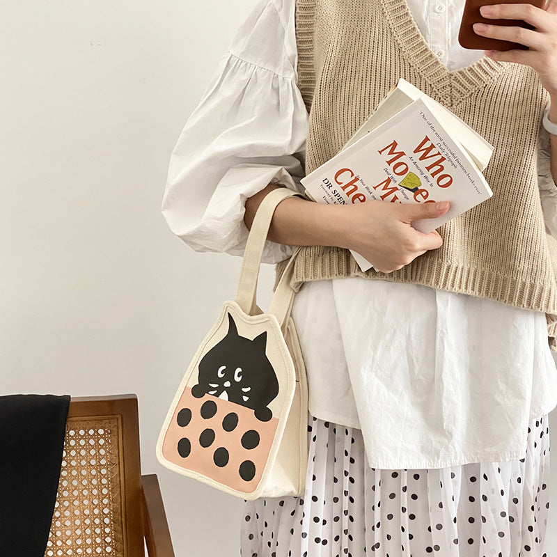 Casual Hand-carrying Cute Kitten Illustration Canvas Bag Female