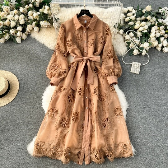Women's Machine Embroidery Hollow-out Mid-length Puff Sleeve Dress