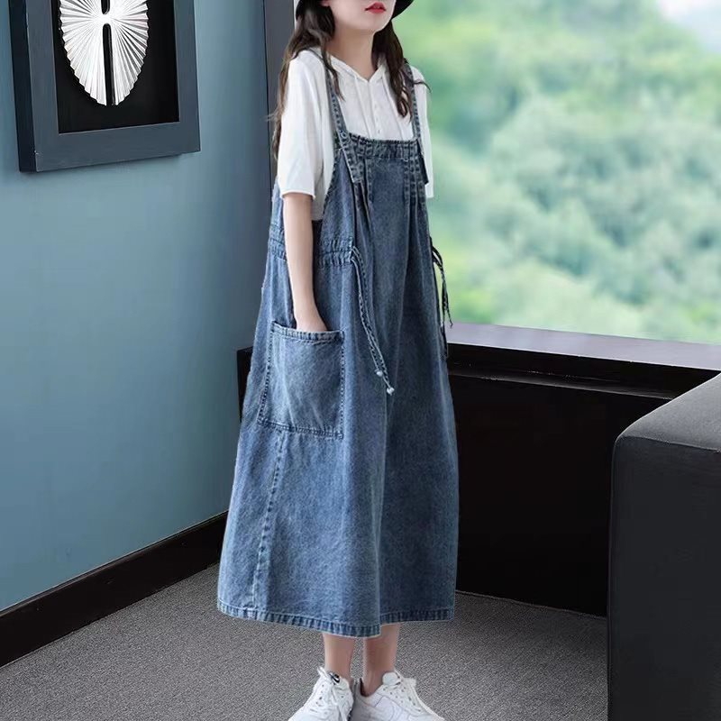 Women's Retro Loose All-matching Jeans Suspender Dress