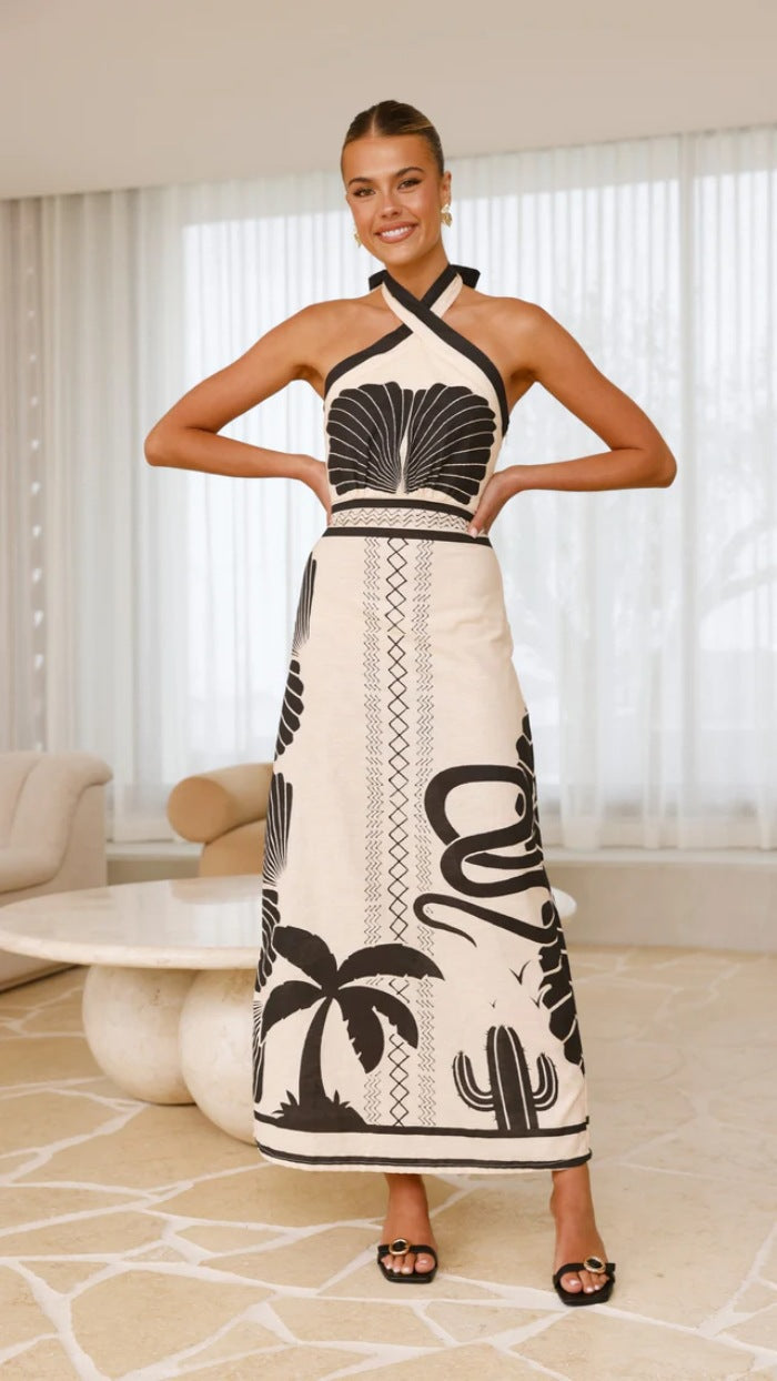 Shell Printing Vacation Style Halter Waist-tight A- Line Dress